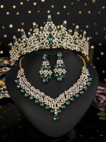 1 套金色新新娘配饰，经典绿水晶装饰新娘皇冠，奢华项链和耳环 3 件套婚纱 - 金色 - 查看 2
