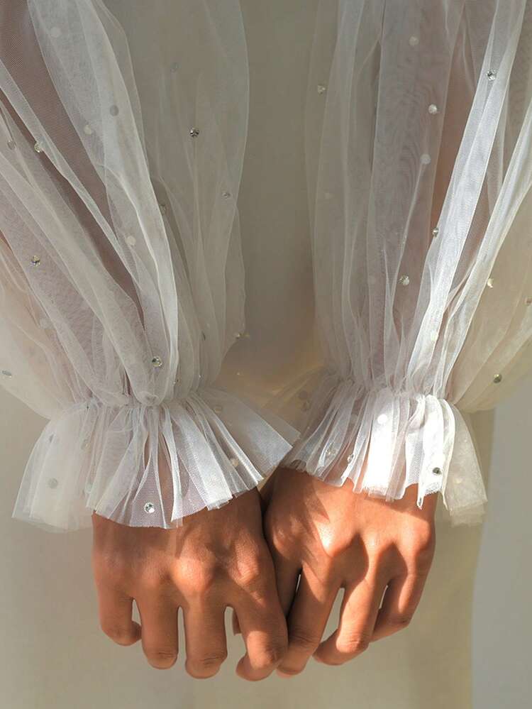 1 对长款水钻新娘袖口，钟形婚礼派对礼服配饰 - 米色 - 查看 5