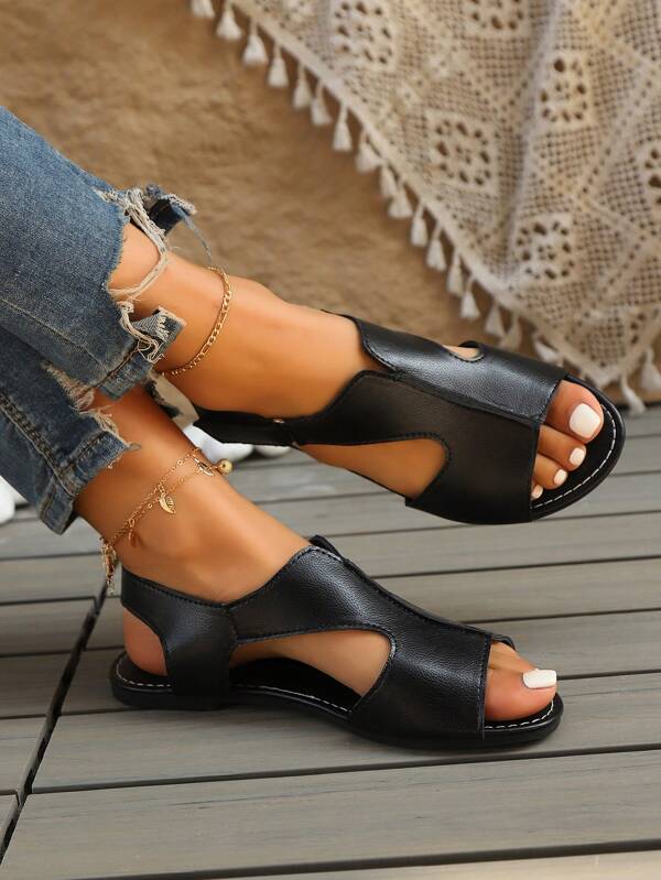 صنادل شاطئ كاجوال صيفية مسطحة لنساء، بنظام وإغلاق مريح، باللون الأسود