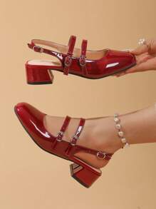 2025 New Red High Heels With Rear Strap, Niche Square Toe Ballerina Shoes, Thick Heel Low Heel Low Vamp Flats, French Retro Patent Leather Little Red Shoes