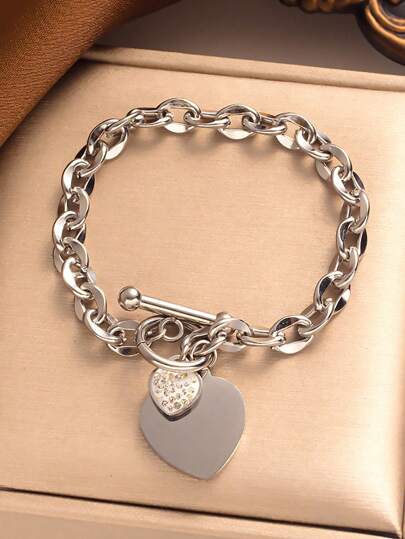 1 pezzo Braccialetto elegante a forma di cuore con strass in acciaio inossidabile, design minimalista versatile, delicato e dolce, ottimo regalo per amici/studenti, adatto per uso quotidiano