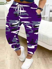 Plus Size Women's Fashion Camo Print Drawstring Waist Casual Long Pants