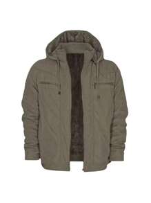 Men's Twill Jacket Coat With Hood And Pockets Lined - 軍綠色 - 查看 1