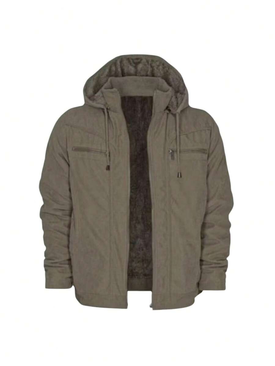 Men's Twill Jacket Coat With Hood And Pockets Lined - 軍綠色 - 查看 1