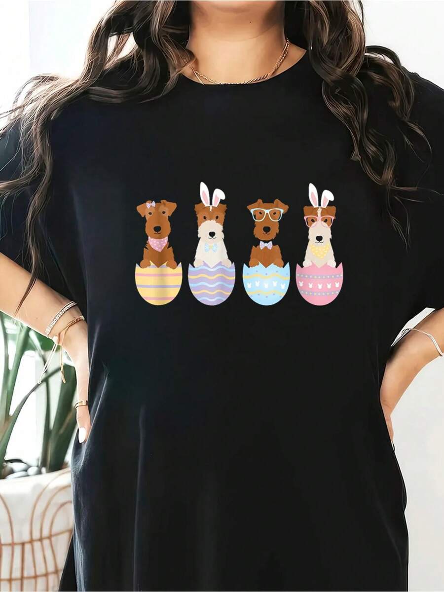 Happy Easter Welsh Fox Wire Terrier Cute Dogs Decorated Eggs T-Shirt Short Sleeve Round Neck Casual Top For Summer & Spring, Women's Clothing - 黑色 - 查看 1