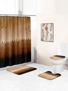 1 件/4 件水彩森林风景浴室装饰套装，包括带 12 个挂钩的防水浴帘、防滑浴垫、U 型马桶垫和圆形马桶盖，适用于整个浴室场景