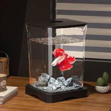Fish Tank,Betta Fish Tank,Aquarium Starter Kit,Mini Desktop Rectangular Fish Tank With Top Feeding Hole & Built-In Bottom Light Tabletop Decoration For Betta Fish