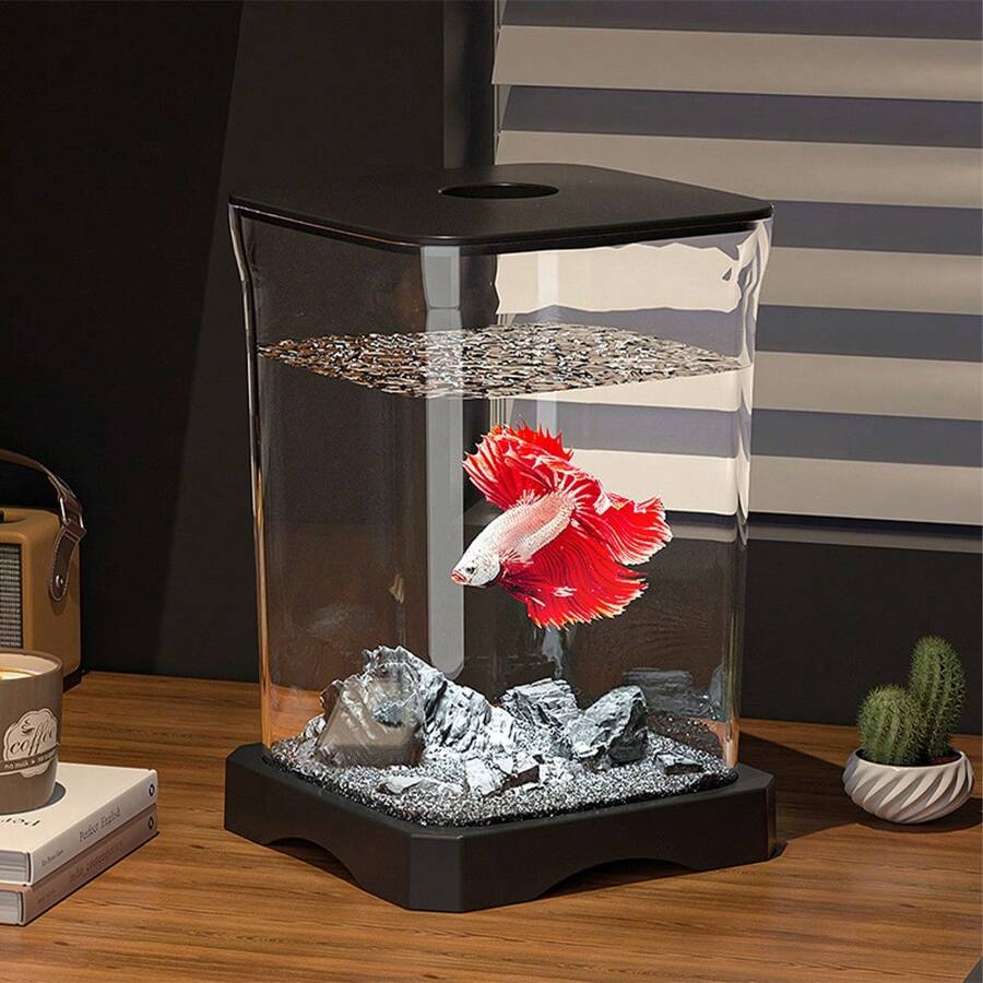 Fish Tank,Betta Fish Tank,Aquarium Starter Kit,Mini Desktop Rectangular Fish Tank With Top Feeding Hole & Built-In Bottom Light Tabletop Decoration For Betta Fish