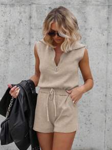 Womens Casual Sleeveless Romper Summer Half Zip Lapel Collar Drawstring Knit Jumpsuit With Pockets - Beige - View 2