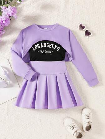 3 件套女童春夏时尚套装：长袖连帽斗篷、字母印花吊带背心和百褶裙，最佳春季返校礼物