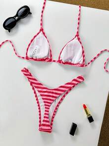 Women Vacation Stripe Printed Basic Swimwear For Summer Days From Poolside To Beachside, Everyday Mini Triangle Cheeky Bikini Beachwear - Red - View 3