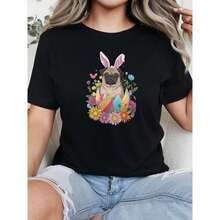 100% Cotton Plus Size Women's Easter Bunny & Egg Graphic T-Shirt - Casual, Short Sleeve, Round Neck
