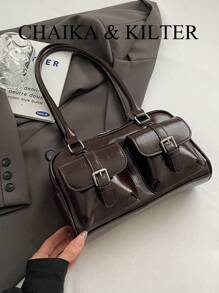 CHAIKA & KILTER 1 件闪亮 PU 皮革女士单肩包，带多个口袋，大容量波士顿风格，拉链开合，适合日常和户外使用（附吊坠） - 咖啡 - 查看 7