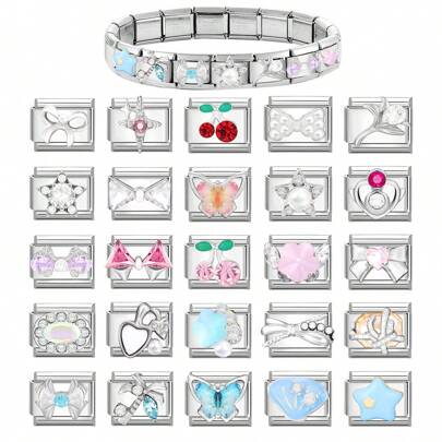 1 pieza Kit de pulsera modular italiana DIY, decorada con elementos de corazón, lazo, cereza, concha, estrella de mar y mariposa, adecuada como fiesta/regalo para amigos/parejas, apta para Navidad, Año Nuevo, Halloween, Día de San Valentín