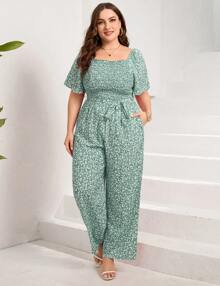 GoyRrbay Plus Size Casual Jumpsuits For Women Outfits Tie Belt Bell Sleeve Smocked Beach Wide Leg Floral Jumpsuits - 綠色小碎花 - 查看 2