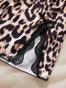 1 szt. Damska seksowna koszula nocna, kontrastowa kokarda w panterkę, koronkowa, z nadrukiem, rozcięcie na dole, koszula nocna z rozcięciem