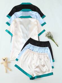 Bộ đồ ngủ 3 món bằng vải satin màu tương phản, cổ bẻ, tay ngắn, một hàng khuy, và quần short cho nữ, thoải mái khi mặc ở nhà, mùa xuân/hè - Nhiều màu - Xem 2