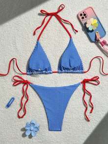 2 件套女士 2025 年新款蓝白格子印花比基尼泳装