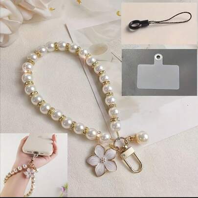 Kort Elegant handgjord Cherry Blossom Pearl armband, mobil charm mobil kedja tillbehör och moderiktig telefonrem för damer