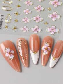 FULL BEAUTY 2 miếng dán móng tay họa tiết hoa sen nở rộ màu hồng và trắng, dập nổi 5D, hình ngôi sao vàng lấp lánh, hoa ren, kiểu móng Pháp, tự dính, mềm mại, có thể khắc chìm, dùng để tự làm móng nghệ thuật. - Nhiều màu - Xem 4