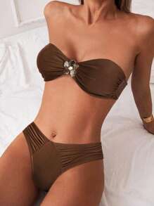 Women's Summer Floral Swimwear With Bandeau Top, Sexy Bikini 2 Pieces Beach Vacation Outfit - Brown - View 5