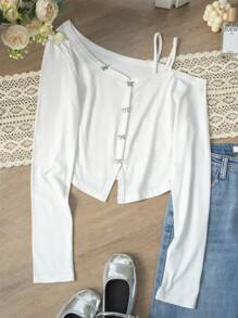 Elegant White Bow Strap Sexy Cold-Shoulder Long Sleeve Top For Women, Suitable For Dates, Outings, And Commuting, Christmas, Autumn/Winter - White - View 6