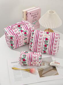 1 PC Vertical Striped Rose Bow Portable Make Up Bag,Fashionable And Casual Large Capacity Portable Zipper Makeup Bags,Travel And Vacation Essentials Cosmetic Bags For Sanitary Napkins,Pouch Pads,Wired Earphones,Earpods,Headphones,Charger,Lipsticks,Cosmetics,Perfume,Skin Care And Beauty Products,Home Decor,For Mom,Women,Nurses,Students,School Girls,Keys,Holiday Gifts Makeup Travel Toiletry Organizer Essentials Gifts Storage Zipper Accessories Nail - Red - View 2