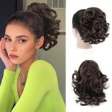 [ Brown Ponytail] Brown 10" Short Ponytail Extension, Braided Wigs Classic Loose Curly Wavy Claw Clip Pony Tails Hair Extensions Hairpieces For Women With Platinum Highlights