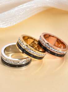 1 Piece Of Fashionable And Personalized Stainless Steel Plated With 18k Gold And Set With Diamonds, European And American Style, Roman Numerals, Bright Diamonds, Gemstones, Stainless Steel Ring, Versatile For Men And Women