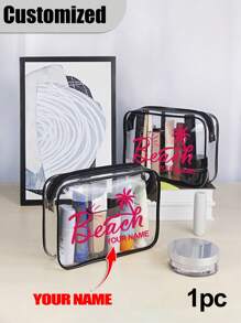 1 st Aangepaste naam strandpatroon toilettas Transparante reis toilettas, Transparante cosmetische tas, Draagbare buitenreis cosmetische opbergzakken, Multifunctionele verdikte PVC opbergzakken, Voor reizen, Unisex, Kan worden meegenomen in het vliegtuig, Must-Have voor postbodes, Must-Have voor terug naar school