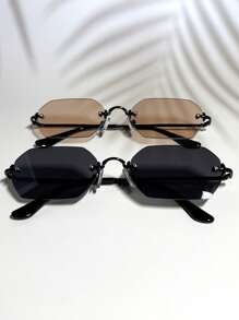 015835340007 2 chiếc kính râm nam gọng đen ánh kim hình lục giác nhỏ màu sâm panh, phối màu chuyển sắc, thích hợp cho đường phố, bãi biển, đi làm hàng ngày, phong cách du lịch cổ điển (kèm dây đeo và khăn lau). - 1*Đen/Hồng sâm panh+1*Đen/Xám - Xem 4