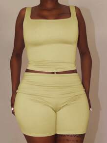 WOWDARK Women Autumn Minimal Square Neck Camisole & Shorts 2pcs/Set - Yellow - View 5
