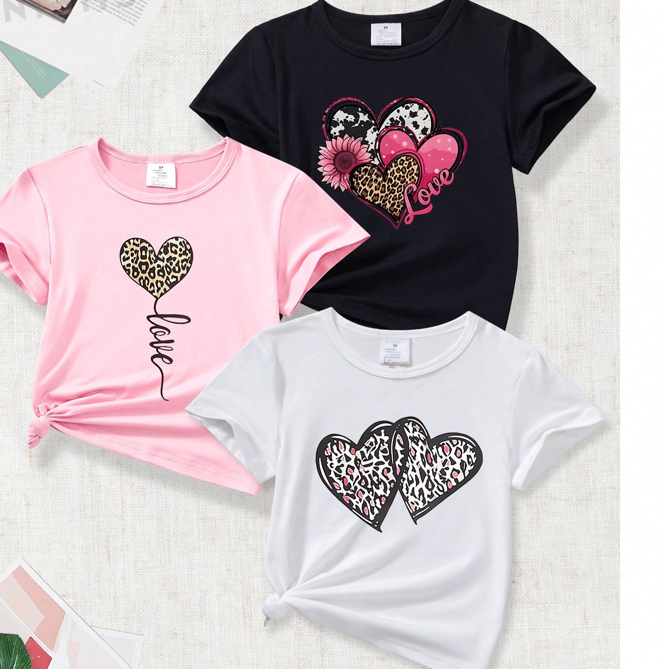 Set de 3 camisetas de manga corta con estampado gráfico de corazón para niñas, de verano