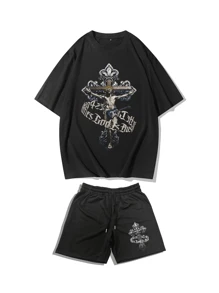 Amerikaanse oversized kruisprint casual dagelijkse slijtage korte mouwen ronde hals T-shirt en trekkoord taille shorts set voor mannen in de zomer
