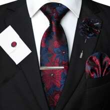1/2/3/4/5件套男士花卉印花领带、丝缎领带、银色领带夹、口袋巾、袖扣和胸花，多种组合可选，适合作为父亲节、周年纪念日、生日等场合的礼物。经典花卉图案与燕尾服和西装完美搭配，让您在舞会、婚礼、庆典、典礼、正式会议、休闲派对和重要时刻等任何场合脱颖而出。男士领带