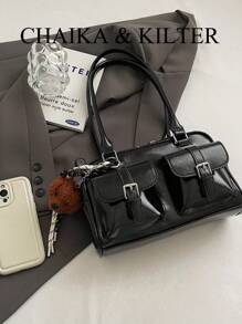 CHAIKA & KILTER 1 件女士亮面 PU 面料单肩包，时尚多口袋大容量波士顿保龄球包，带拉链开合，适合日常和户外使用（含吊坠） - 黑色 - 查看 5