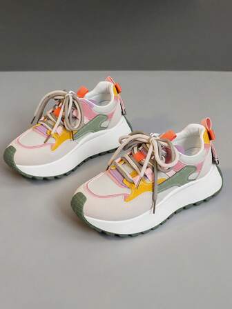 1 par kvinnor färg sneakers rund tå utomhus snörning vattentät läder plattform skor, vår höst