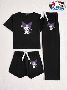 Sanrio 3 pezzi Set da pigiama Sanrio Hello Kitty, top a maniche corte con collo tondo, pantaloncini e pantaloni, stampa di cartoni animati e lettere, comodo