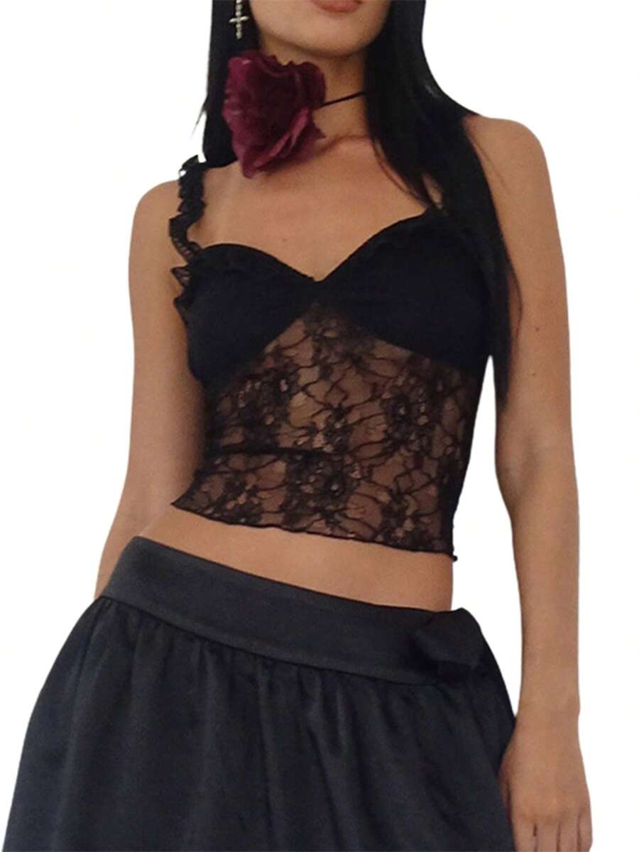 Women's Summer Fashion Cami Tops Black Sleeveless Open Back Lace Floral Cropped Vest - Black - View 1