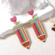 1 对创意设计卡通清新可爱串珠心形合金吊坠耳环，小众女士耳环 - 鉛筆 - 查看 1