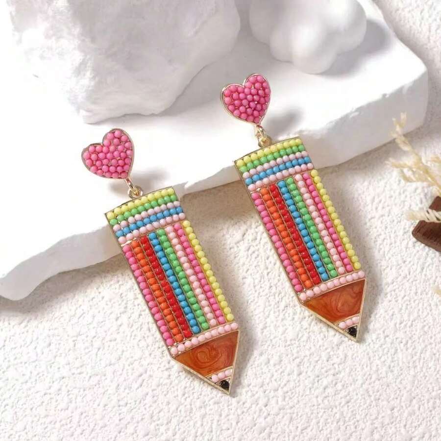 1 对创意设计卡通清新可爱串珠心形合金吊坠耳环，小众女士耳环 - 鉛筆 - 查看 1