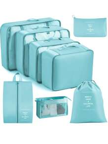 8/1 件旅行收纳套装，包括化妆包、行李收纳包、洗漱包、网袋、衣服袋、护肤包、化妆刷袋、鞋袋、瓶袋和拉绳袋，适用于衬衫、内衣、衣服、化妆品、口红、眼影、粉底、海绵、刷子和牙刷、牙膏、洗面奶、爽肤水、乳液、面霜等洗漱用品，适用于旅行、医院、宿舍、学校、度假、返校必需品