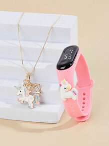2pcs Children's Watch M3 Cute Rainbow Horse Watch+Rainbow Horse Rhinestone Necklace For Primary And Secondary School Students To Wear Versatile Casual Fashion Multi Functional Electronic Watch Combination Set