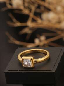 1pc Stainless Steel Square Diamond Ring, 18K Gold Color Simple Square Zirconia Gemstone Ring, Suitable For Women For Daily Wear, Wedding, Gift For Mother, Wife