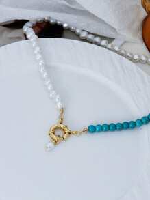 1 件简约仿绿松石和珍珠串珠项链，女士时尚珠宝，适合度假和派对 - 彩色 - 查看 2