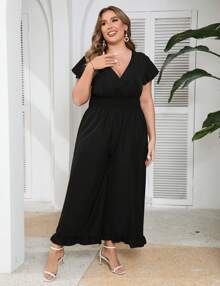 GoyRrbay Plus Size Loose Jumpsuits For Women Summer Short Sleeve One Piece Outfit Elastic Waist Wide Leg Floral Jumpsuits - màu đen - Xem 2