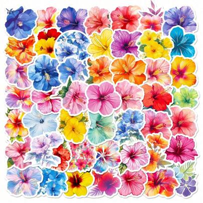 50/100Pcs Hibiscus Flower Stickers, Aesthetics Stickers Pack For Water Bottles, Laptops, Diary, Party Supplies, Vintage Stickers For Adults