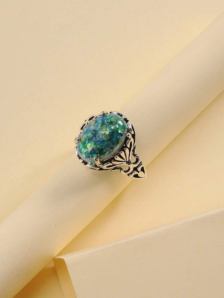 1pc Vintage Elegant Green Gemstone Ring