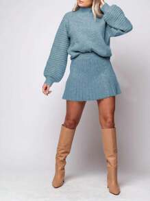 Womens 2 Piece Outfits Long Sleeve Mock Neck Ribbed Sweater And Mini Skirt Set 2025 - Blue - View 1