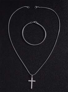 男士不锈钢项链和蛇骨手链 2 件套，个性化简约日常佩戴 - 銀色 - 查看 5